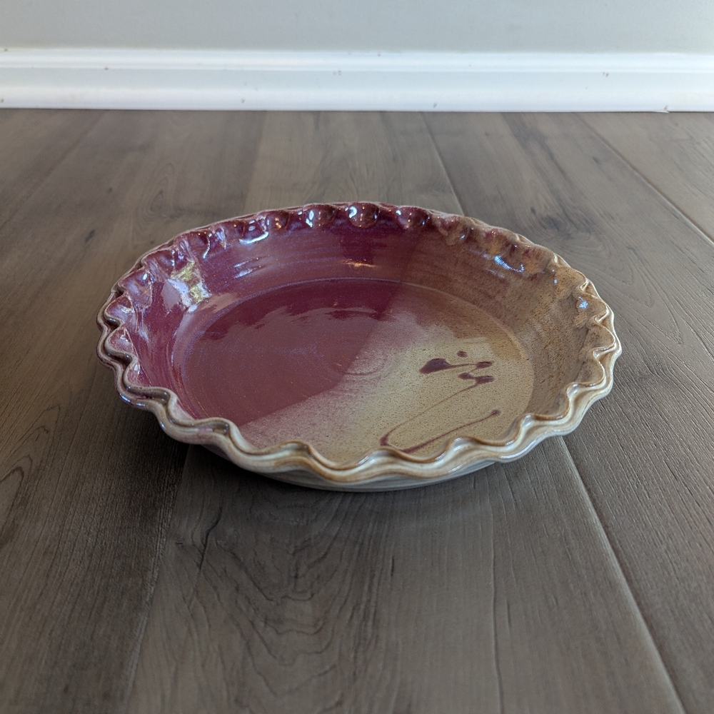 Clement Clay Works Burgundy & Tan 10 inch Fluted Pie Dish, Hand Made
